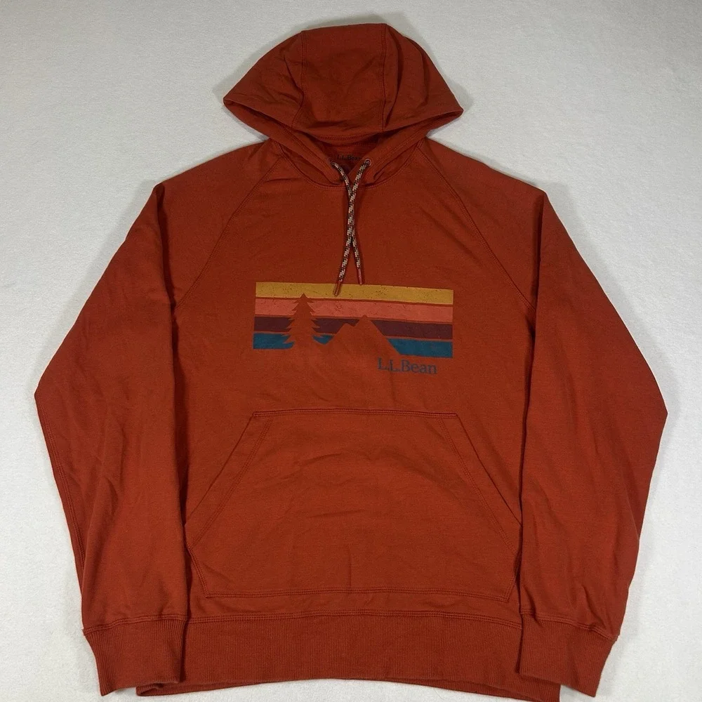 L.L.‎ Bean Comfort Camp Graphic Hoodie Mens Medium Orange Stretch Sweatshirt